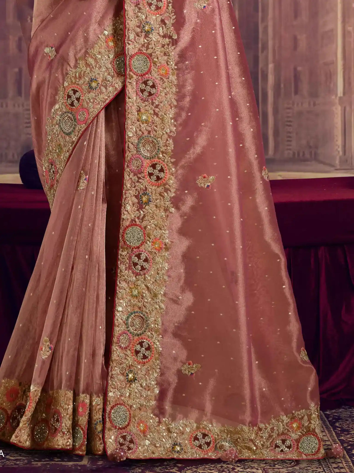 Dusty Pink Zari Organza Silk Khatli & Sequin Work Saree - View 3