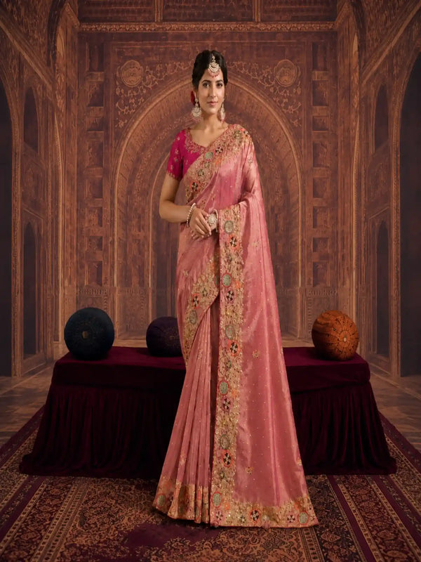 Dusty Pink Zari Organza Silk Khatli & Sequin Work Saree - View 1