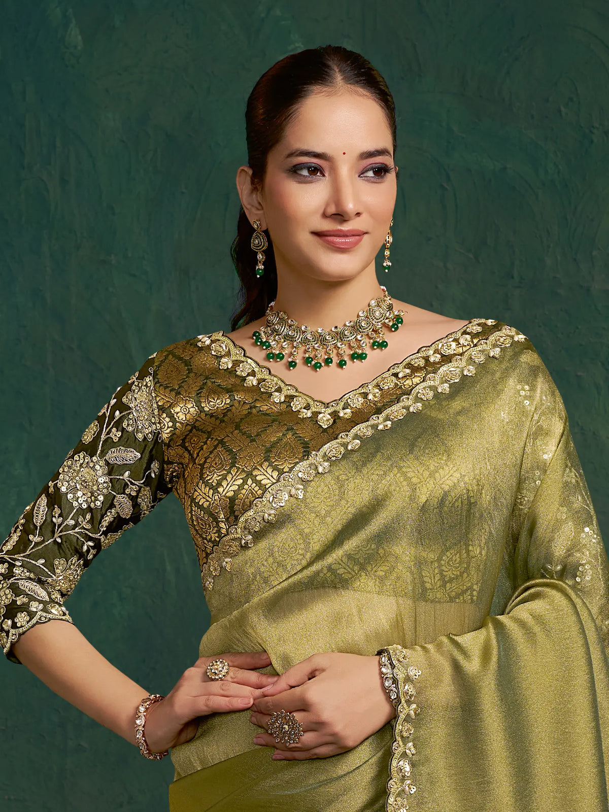 Olive Green Saree view 2