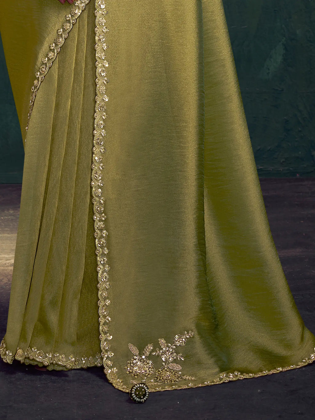 Olive Green Saree view 3