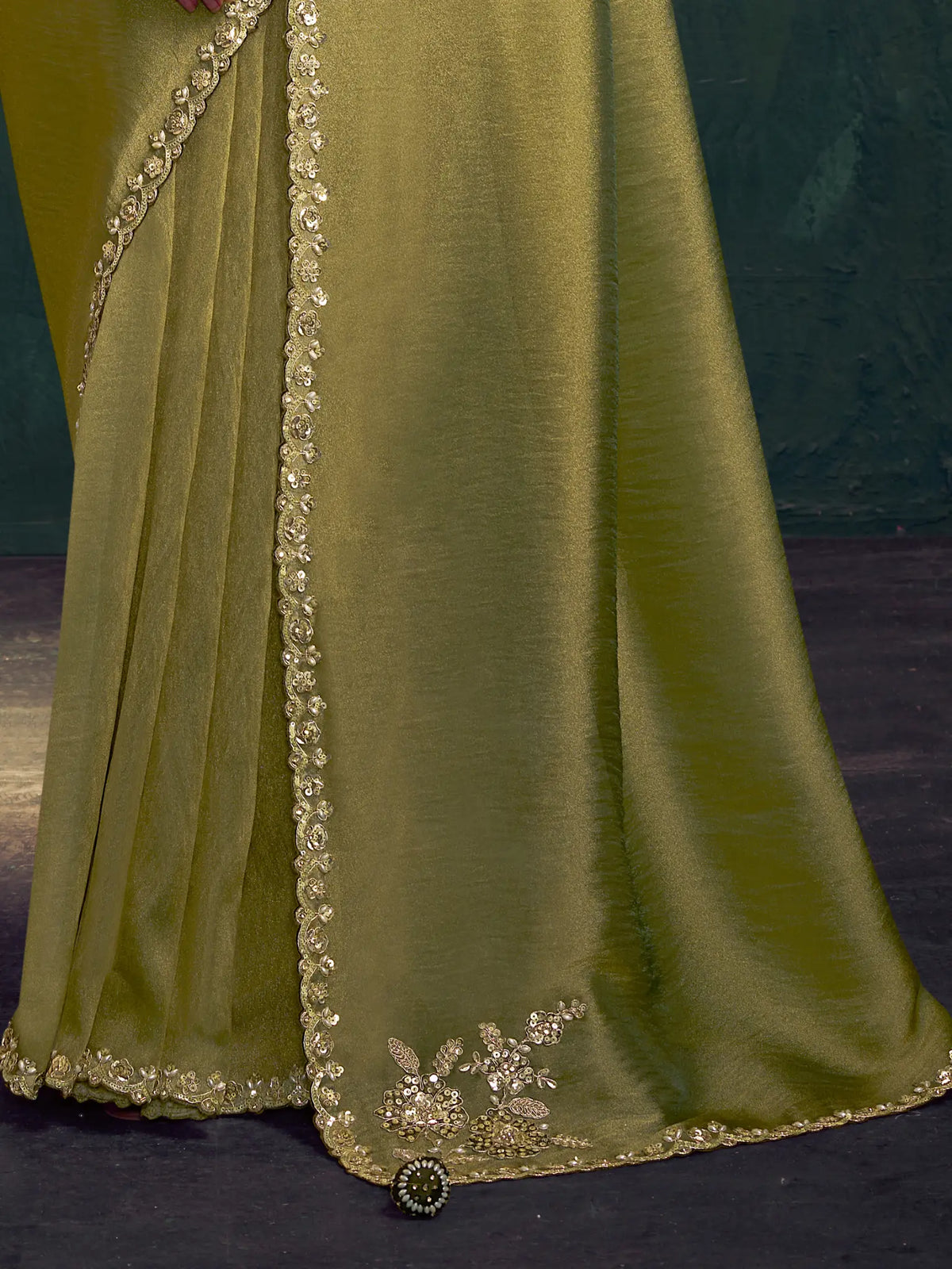 Olive Green Saree view 3