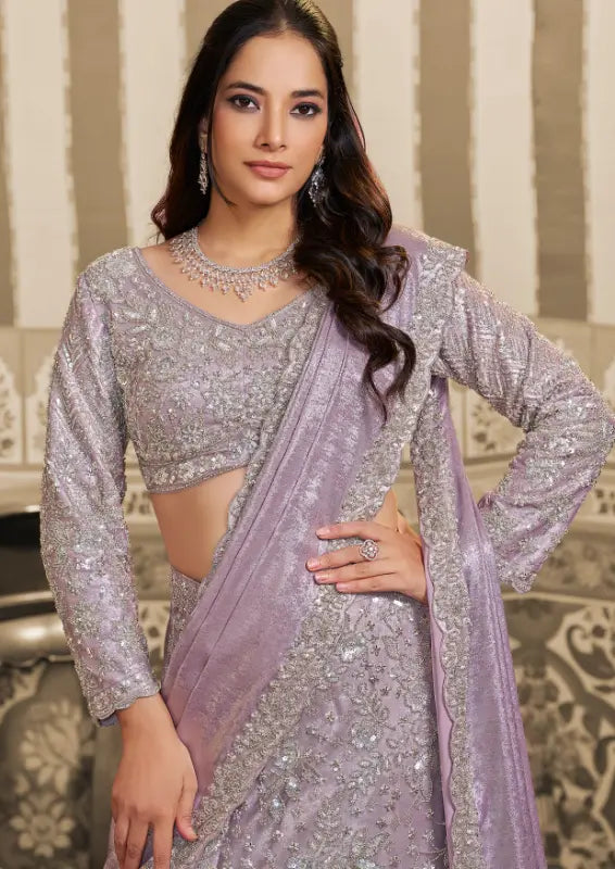 Lavender Foil Satin Beads & Sequin Embellished Work Lehenga Saree