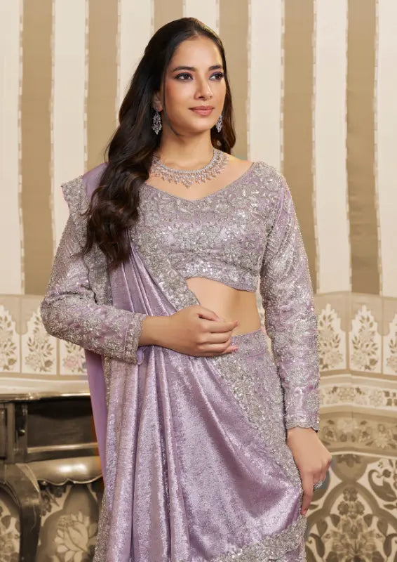 Lavender Foil Satin Beads & Sequin Embellished Work Lehenga Saree
