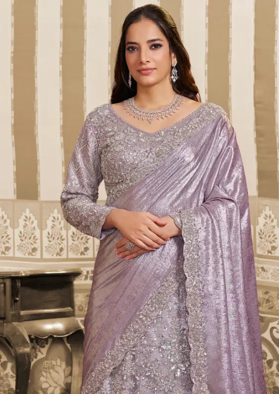 Lavender Foil Satin Beads & Sequin Embellished Work Lehenga Saree