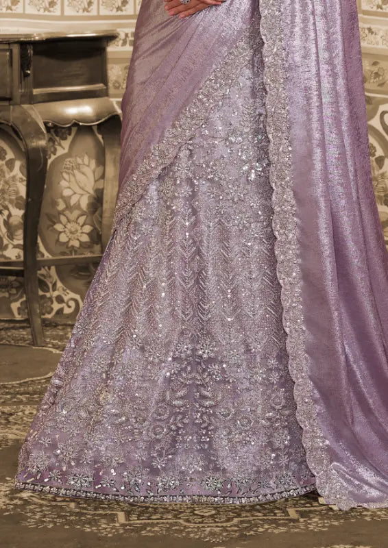 Lavender Foil Satin Beads & Sequin Embellished Work Lehenga Saree