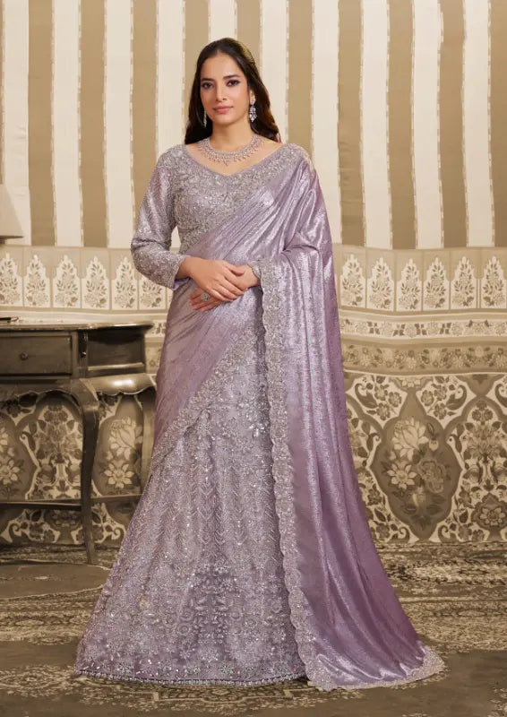 Lavender Foil Satin Beads & Sequin Embellished Work Lehenga Saree
