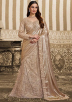 Champagne Gold Foil Satin Beads & Sequin Embellished Work Lehenga Saree
