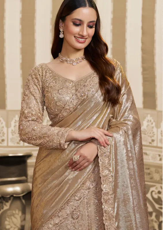 Champagne Gold Foil Satin Beads & Sequin Embellished Work Lehenga Saree