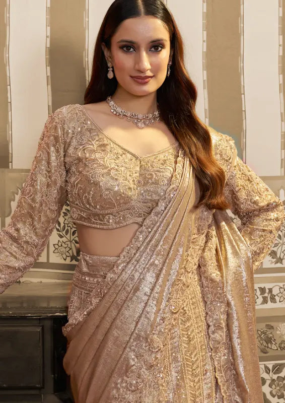 Champagne Gold Foil Satin Beads & Sequin Embellished Work Lehenga Saree