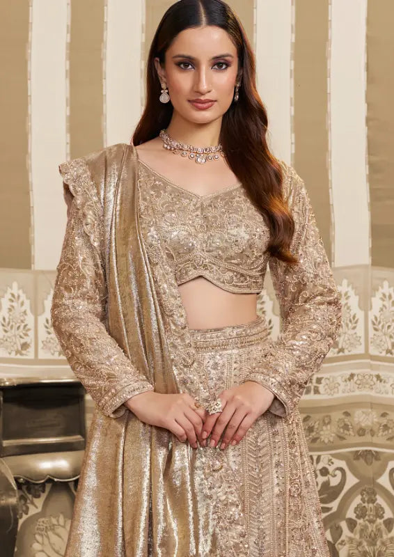 Champagne Gold Foil Satin Beads & Sequin Embellished Work Lehenga Saree