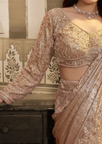 Champagne Gold Foil Satin Beads & Sequin Embellished Work Lehenga Saree