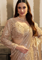 Champagne Gold Foil Satin Beads & Sequin Embellished Work Lehenga Saree