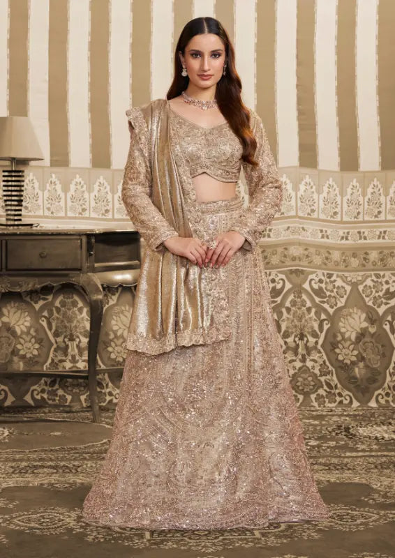 Champagne Gold Foil Satin Beads & Sequin Embellished Work Lehenga Saree