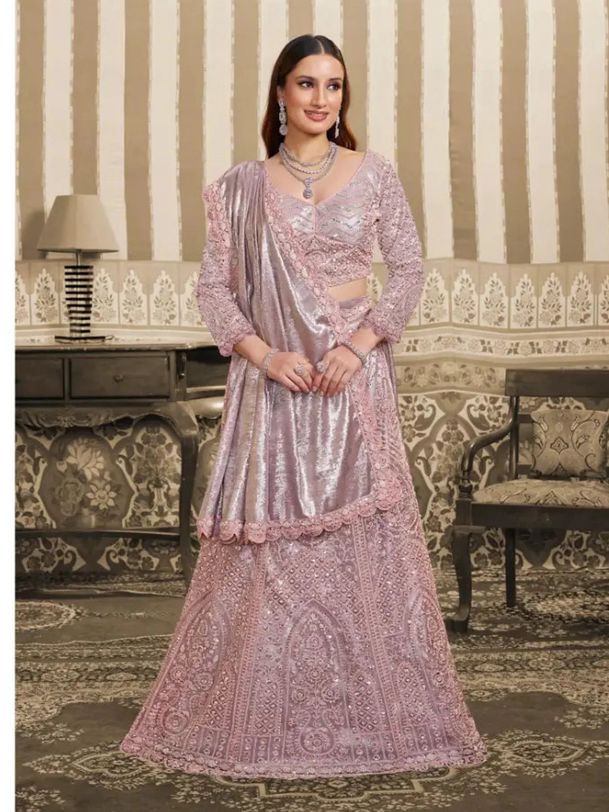 Blush Pink Foil Satin Beads & Sequin Embellished Work Lehenga Saree