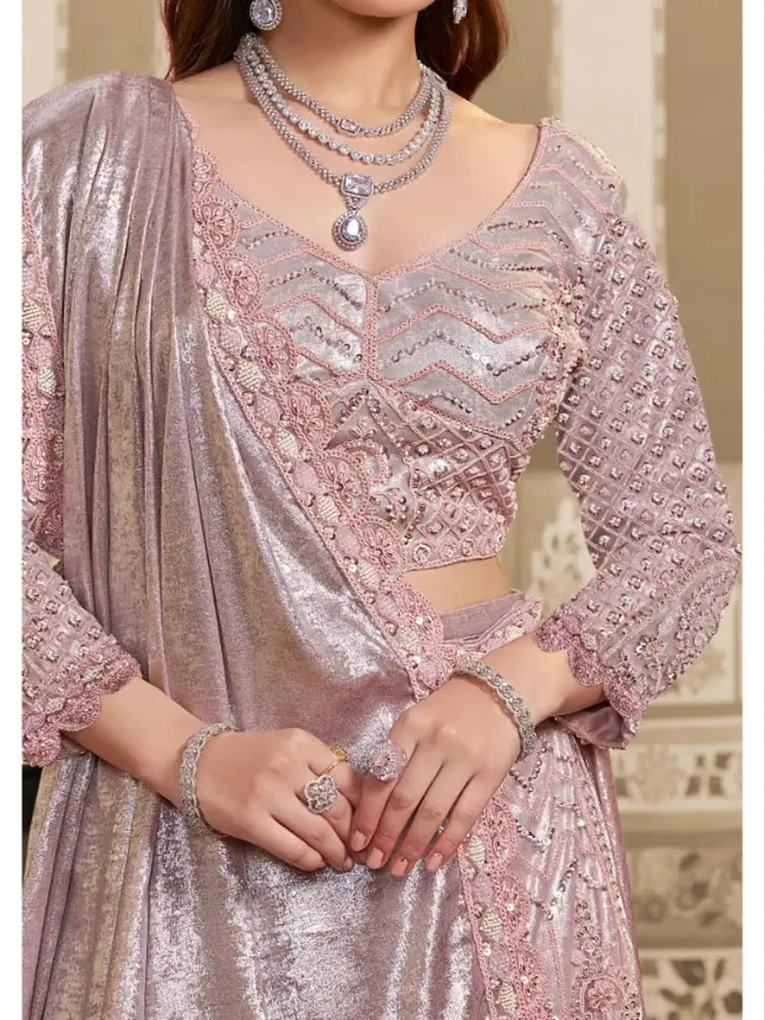Blush Pink Foil Satin Beads & Sequin Embellished Work Lehenga Saree