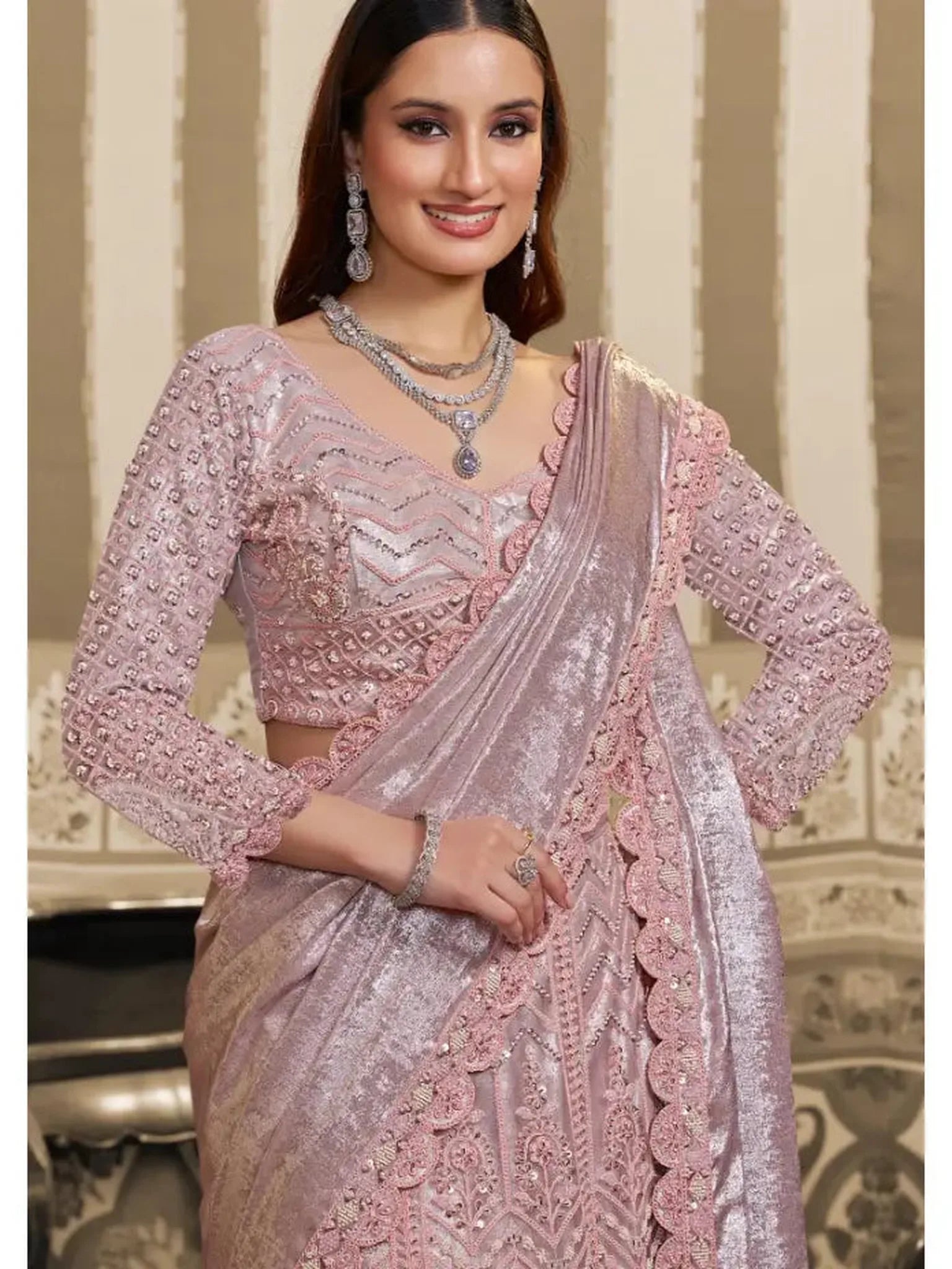 Blush Pink Foil Satin Beads & Sequin Embellished Work Lehenga Saree