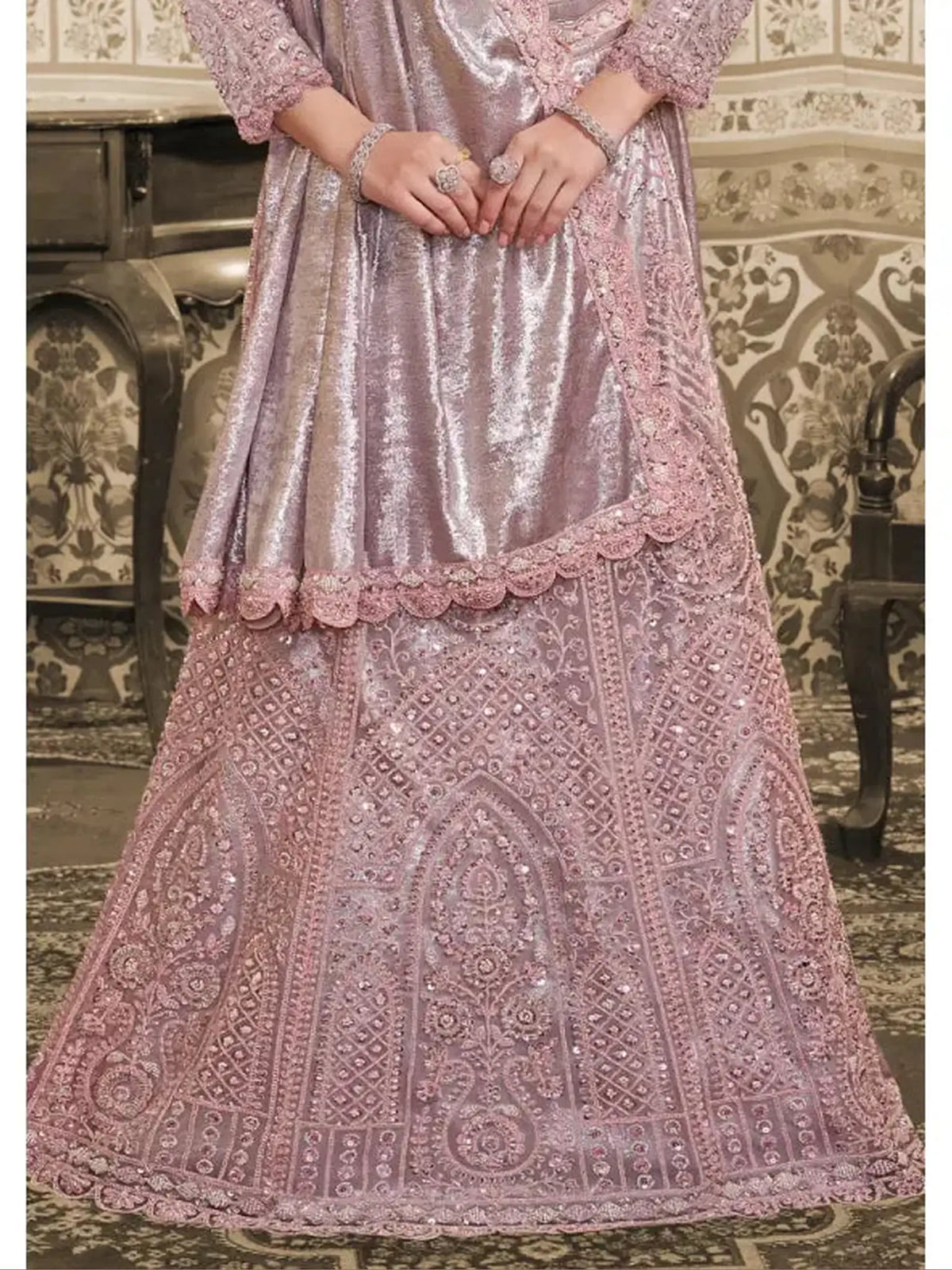 Blush Pink Foil Satin Beads & Sequin Embellished Work Lehenga Saree
