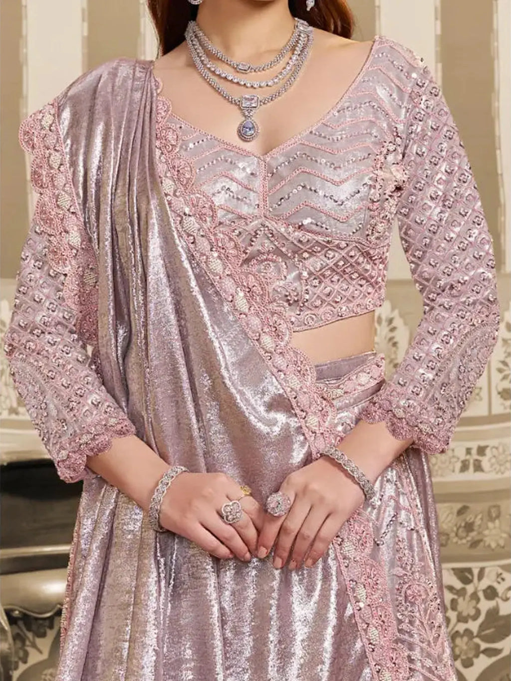 Blush Pink Foil Satin Beads & Sequin Embellished Work Lehenga Saree