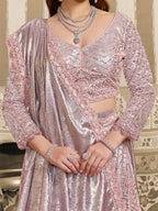 Blush Pink Foil Satin Beads & Sequin Embellished Work Lehenga Saree