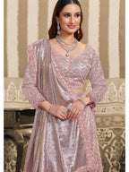 Blush Pink Foil Satin Beads & Sequin Embellished Work Lehenga Saree