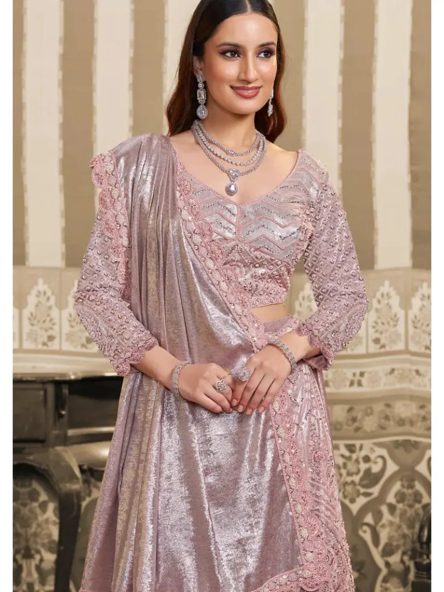 Blush Pink Foil Satin Beads & Sequin Embellished Work Lehenga Saree