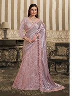 Blush Pink Foil Satin Beads & Sequin Embellished Work Lehenga Saree