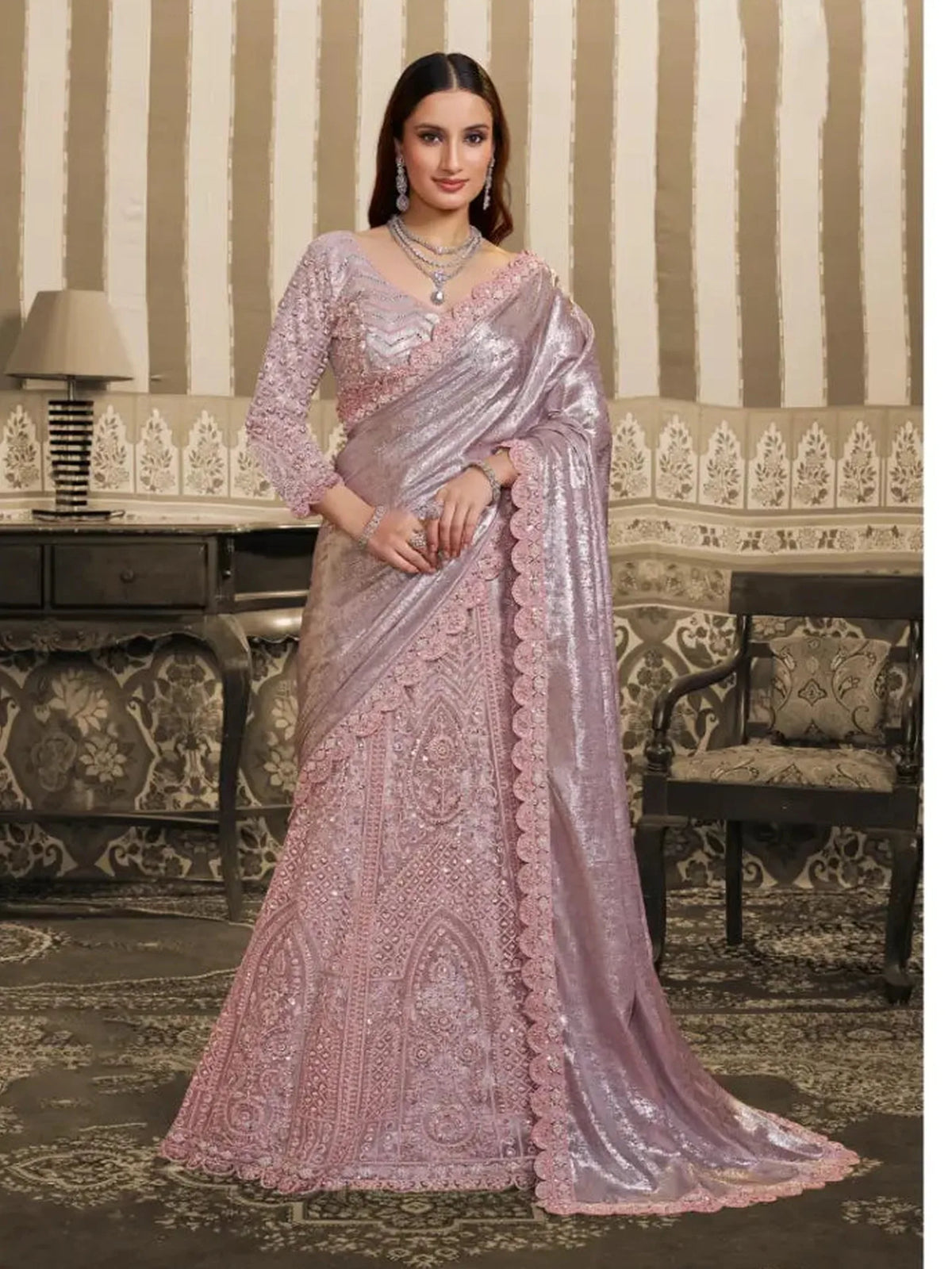 Blush Pink Foil Satin Beads & Sequin Embellished Work Lehenga Saree