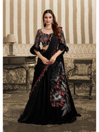 Black Velvet Satin Triple Sequin & Beads Embellished Work Lehenga Saree