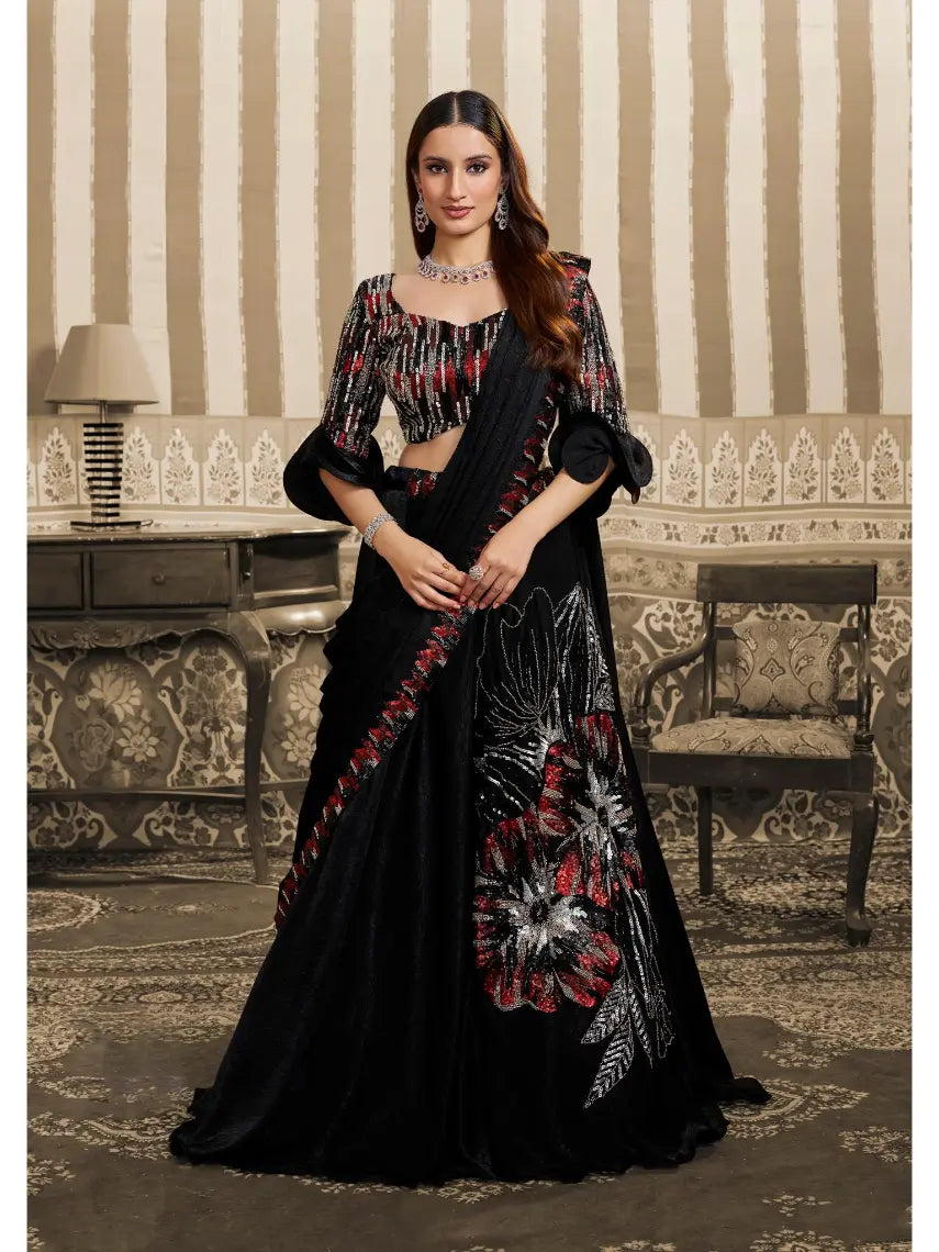 Black Velvet Satin Triple Sequin & Beads Embellished Work Lehenga Saree