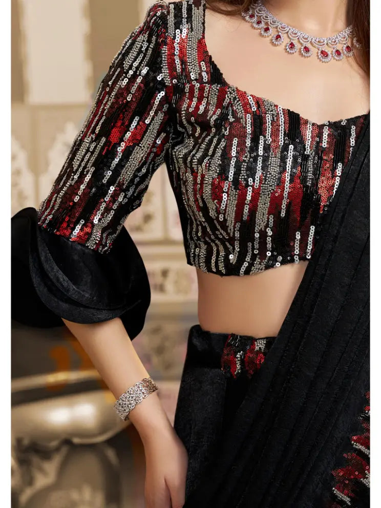 Black Velvet Satin Triple Sequin & Beads Embellished Work Lehenga Saree