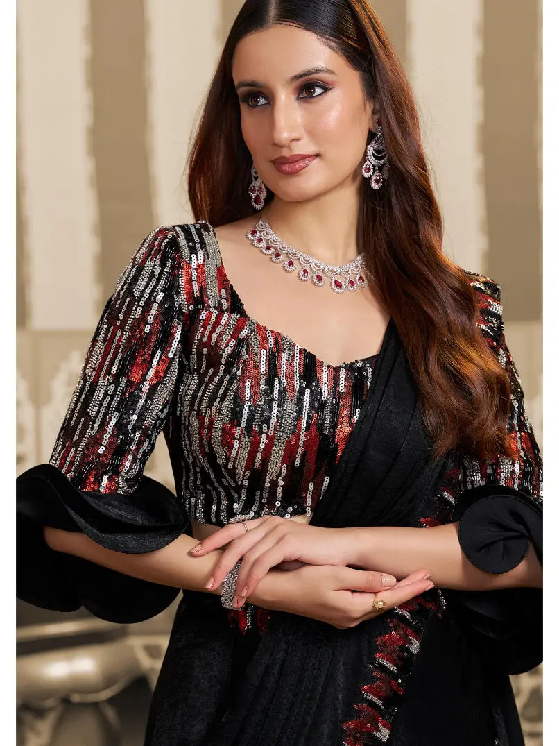 Black Velvet Satin Triple Sequin & Beads Embellished Work Lehenga Saree