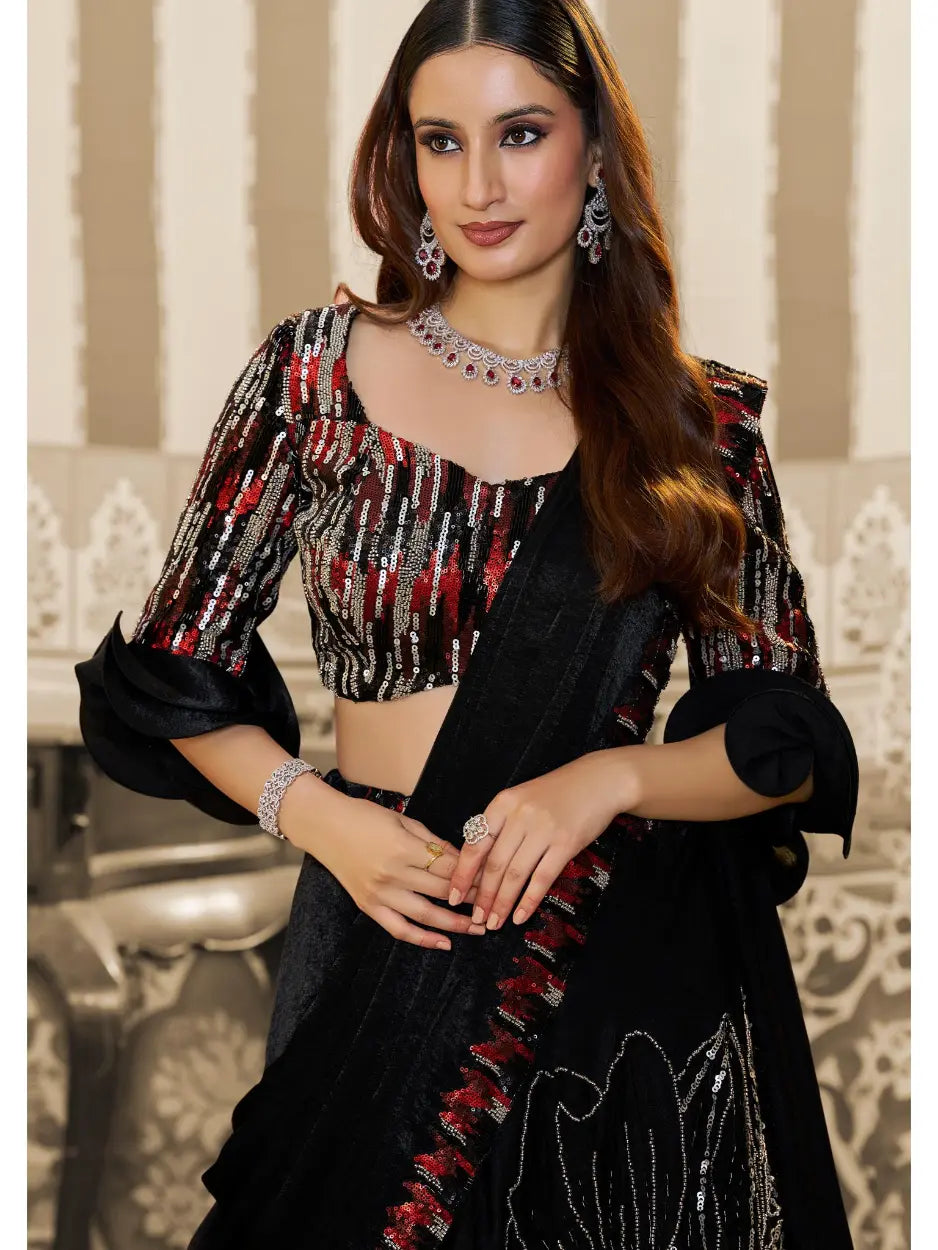 Black Velvet Satin Triple Sequin & Beads Embellished Work Lehenga Saree