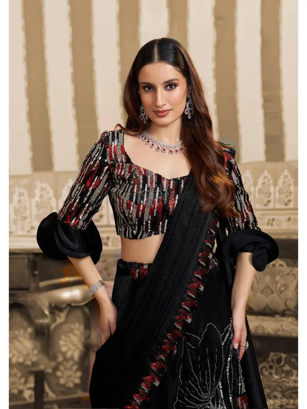 Black Velvet Satin Triple Sequin & Beads Embellished Work Lehenga Saree