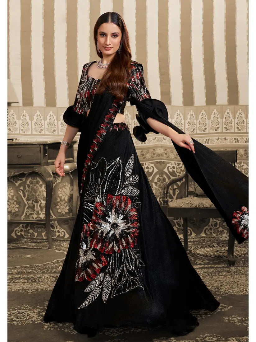 Black Velvet Satin Triple Sequin & Beads Embellished Work Lehenga Saree