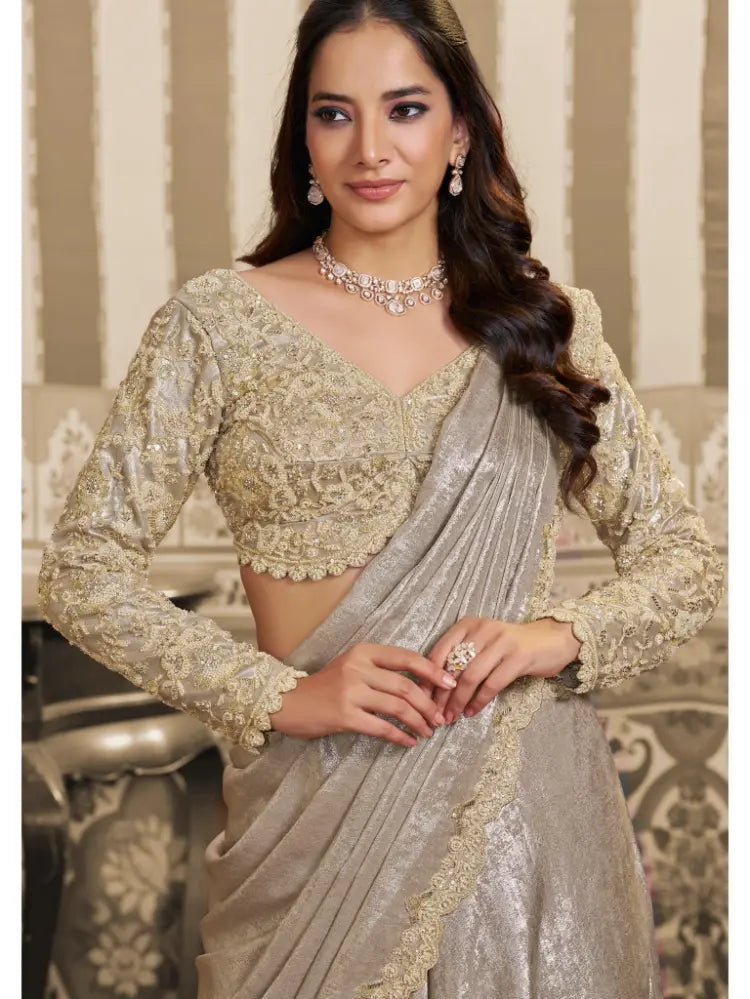 Beige Foil Satin Aari Beads & Sequin Work Lehenga Saree