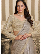 Beige Foil Satin Aari Beads & Sequin Work Lehenga Saree