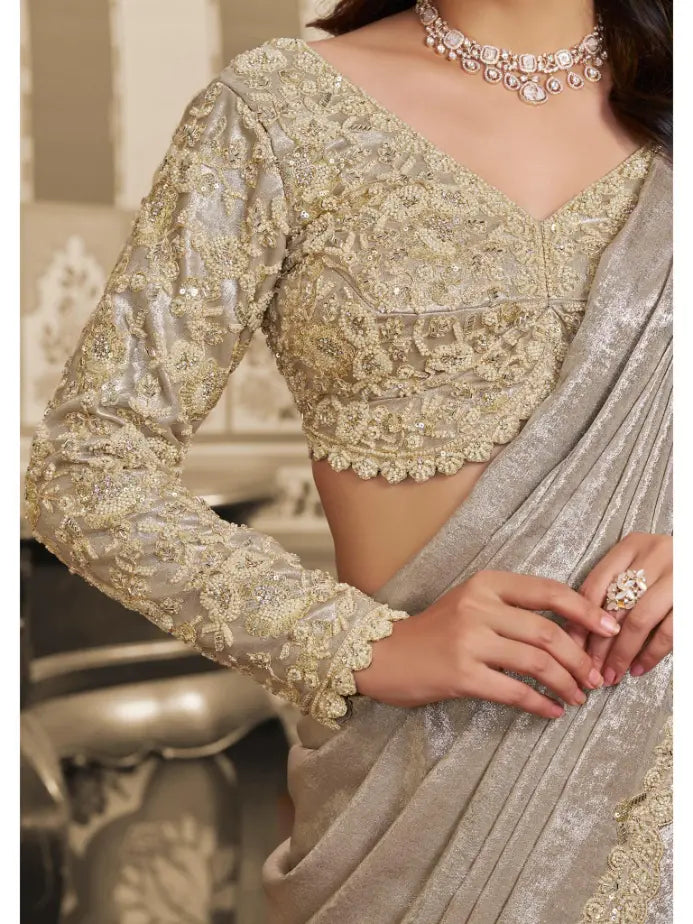 Beige Foil Satin Aari Beads & Sequin Work Lehenga Saree