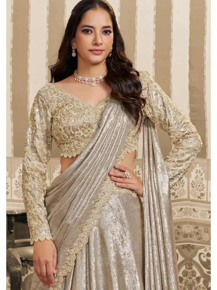 Beige Foil Satin Aari Beads & Sequin Work Lehenga Saree