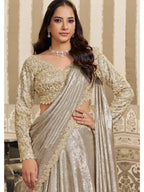Beige Foil Satin Aari Beads & Sequin Work Lehenga Saree