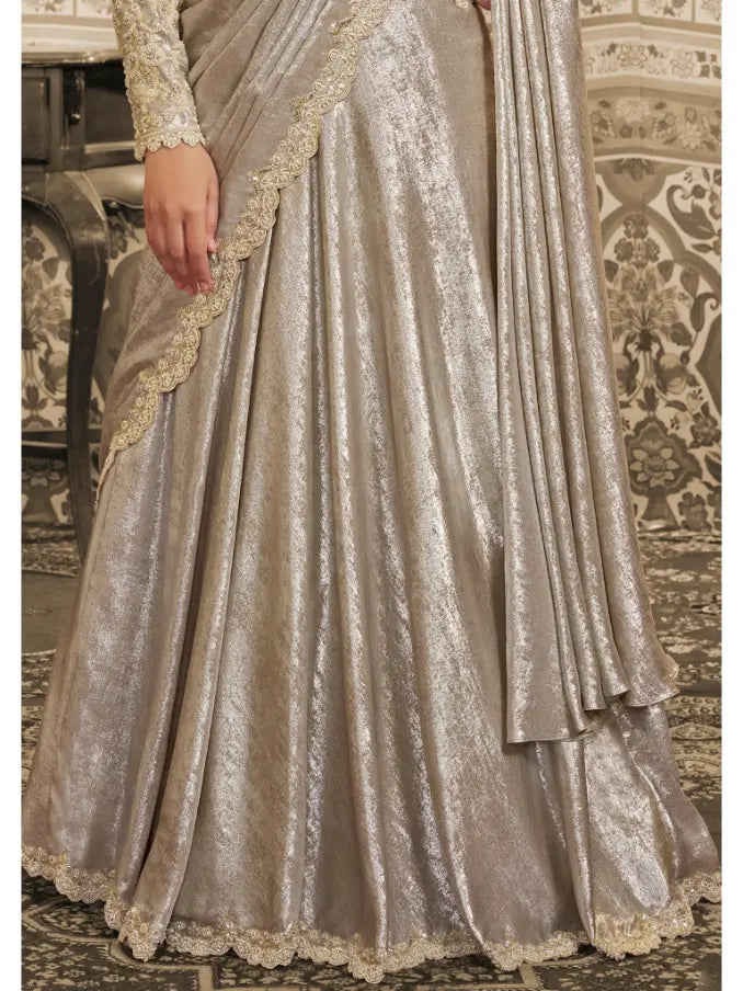 Beige Foil Satin Aari Beads & Sequin Work Lehenga Saree
