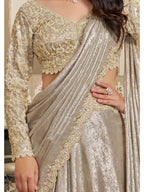 Beige Foil Satin Aari Beads & Sequin Work Lehenga Saree