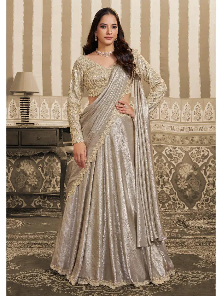 Beige Foil Satin Aari Beads & Sequin Work Lehenga Saree