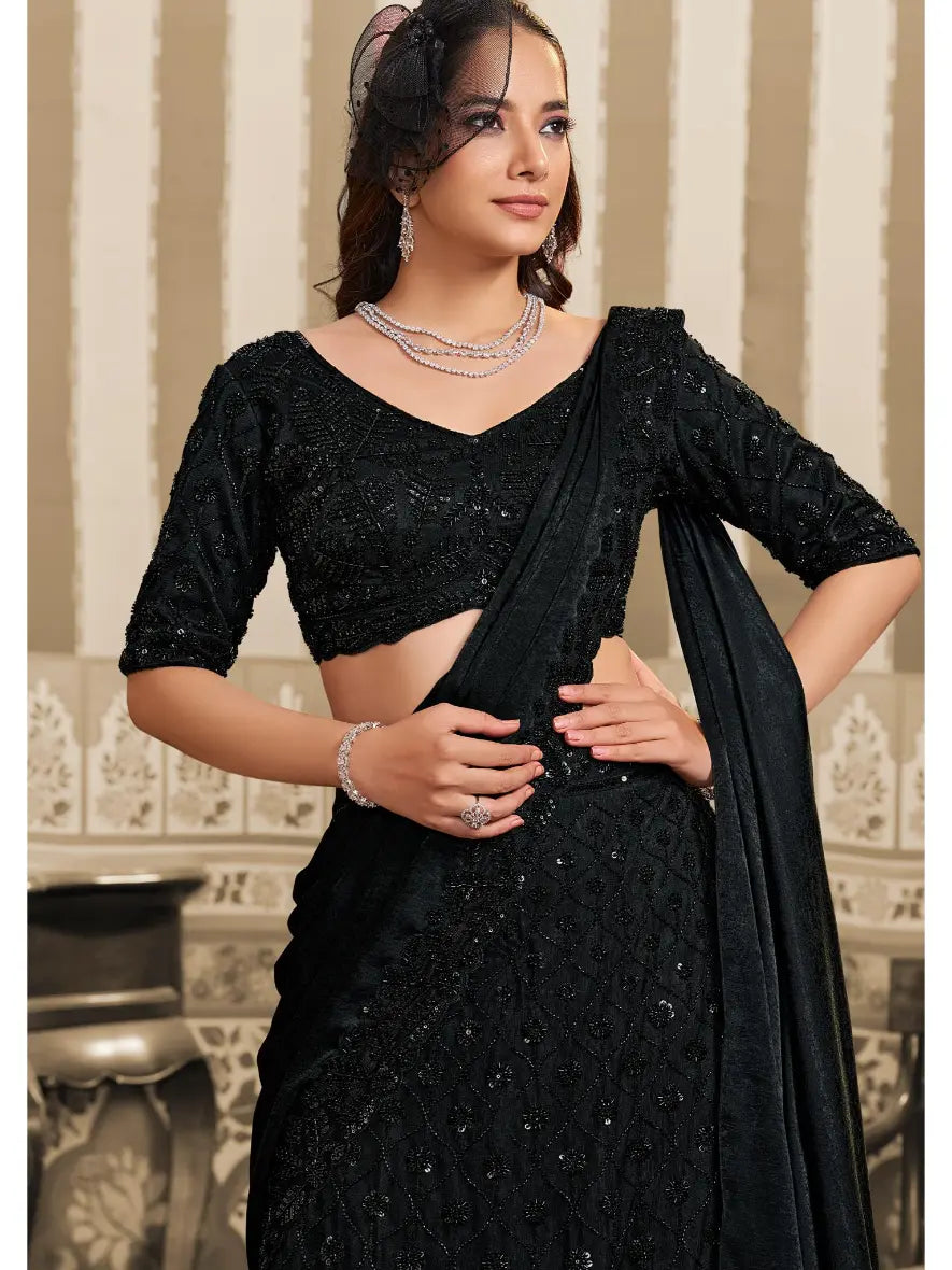 Black Foil Satin Beads & Sequin Embellished Work Lehenga Saree
