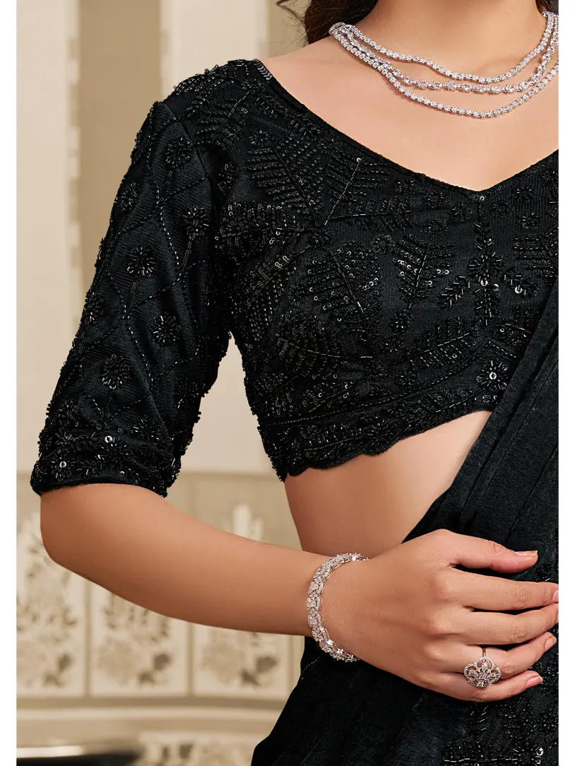 Black Foil Satin Beads & Sequin Embellished Work Lehenga Saree