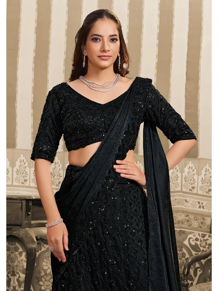 Black Foil Satin Beads & Sequin Embellished Work Lehenga Saree