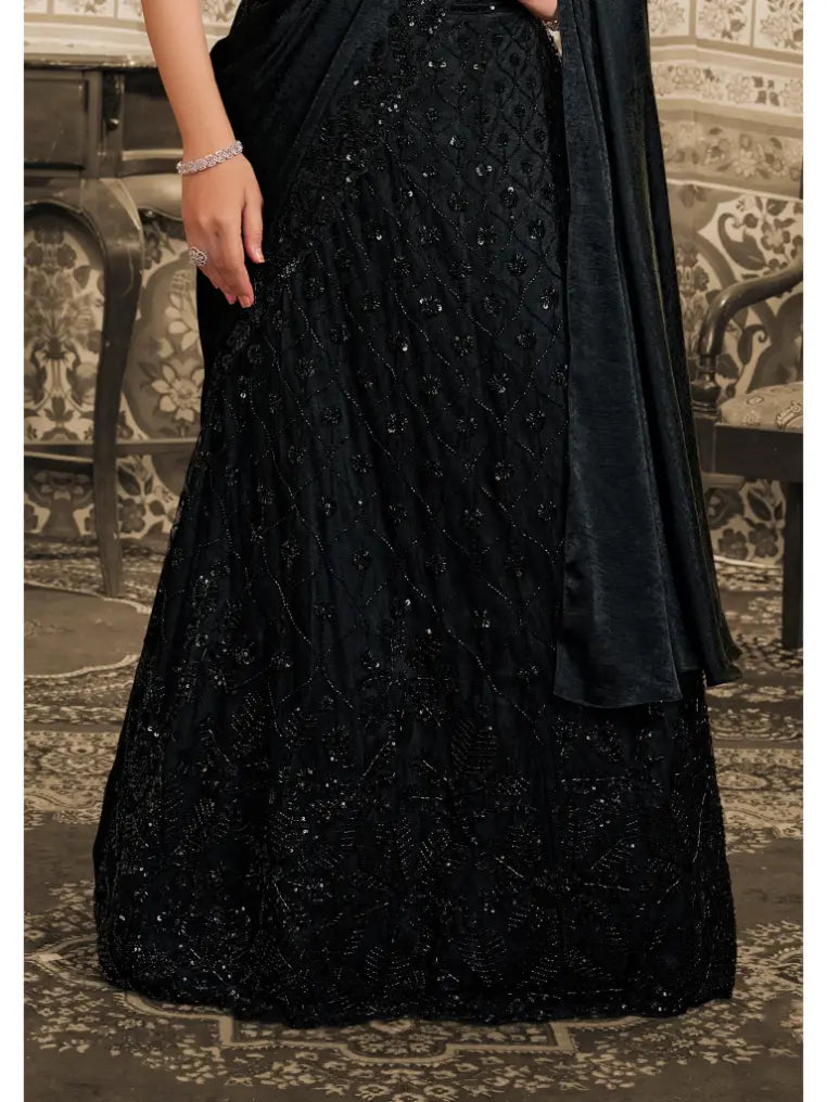 Black Foil Satin Beads & Sequin Embellished Work Lehenga Saree