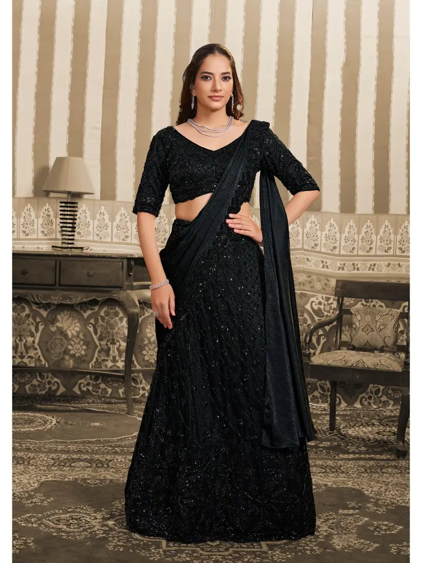 Black Foil Satin Beads & Sequin Embellished Work Lehenga Saree