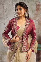 Cream & Pink Drape Saree with Embroidered Jacket