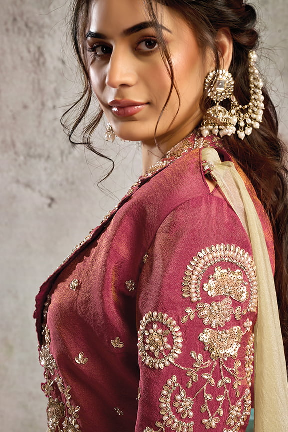 Cream & Pink Drape Saree with Embroidered Jacket