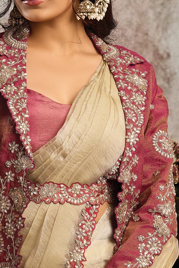 Cream & Pink Drape Saree with Embroidered Jacket